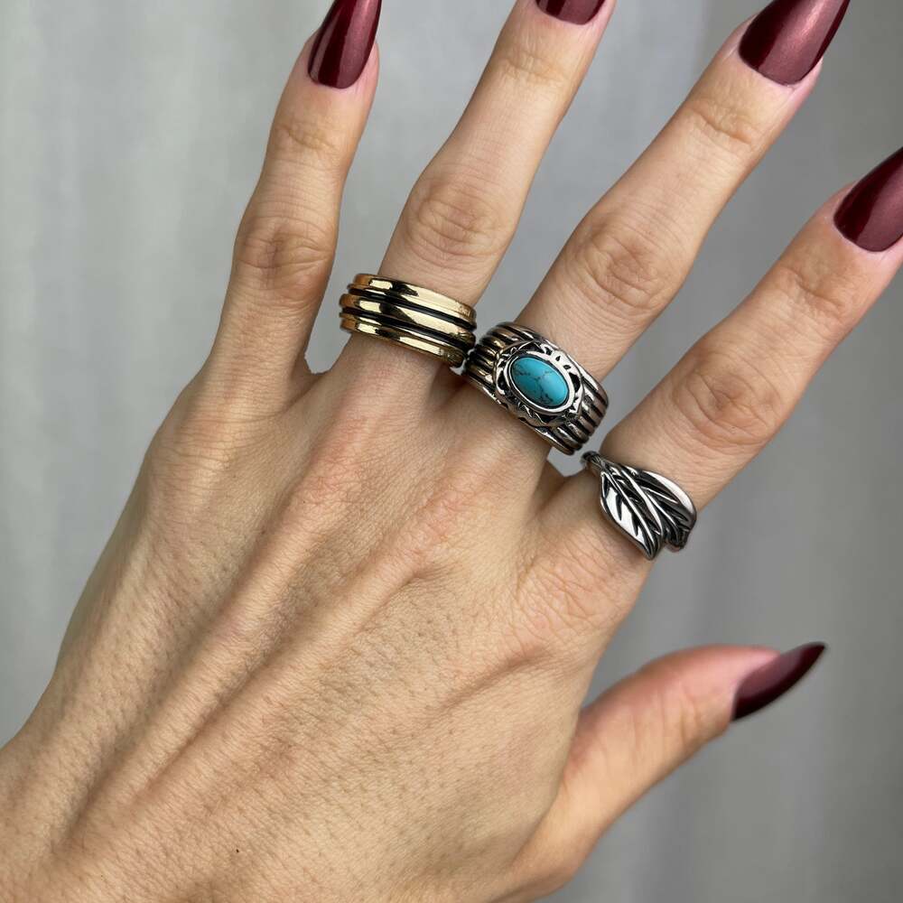 3 Boho Rings Set Silver Leaves Gold Black Stripes Turquoise Howlite 5.5, 6, 6.5